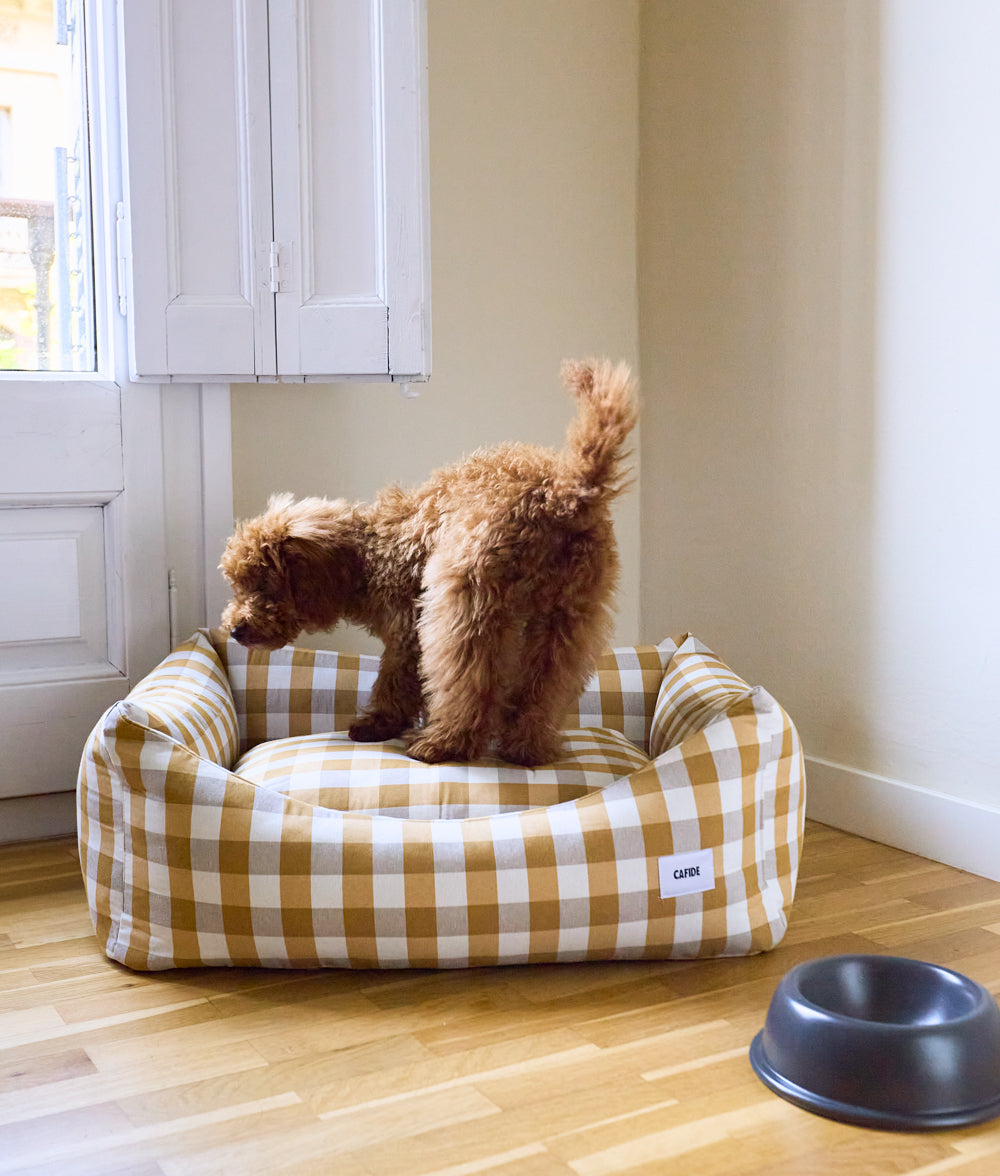 cafide-pets-sleep-snozy-hundebett-vichy-senf-waschbar image 2