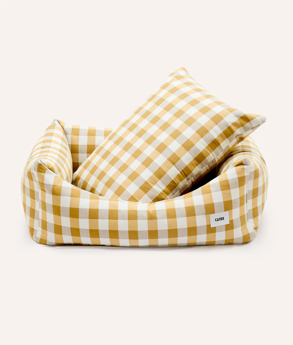 cafide-pets-sleep-snozy-hundebett-vichy-senf-waschbar image 1