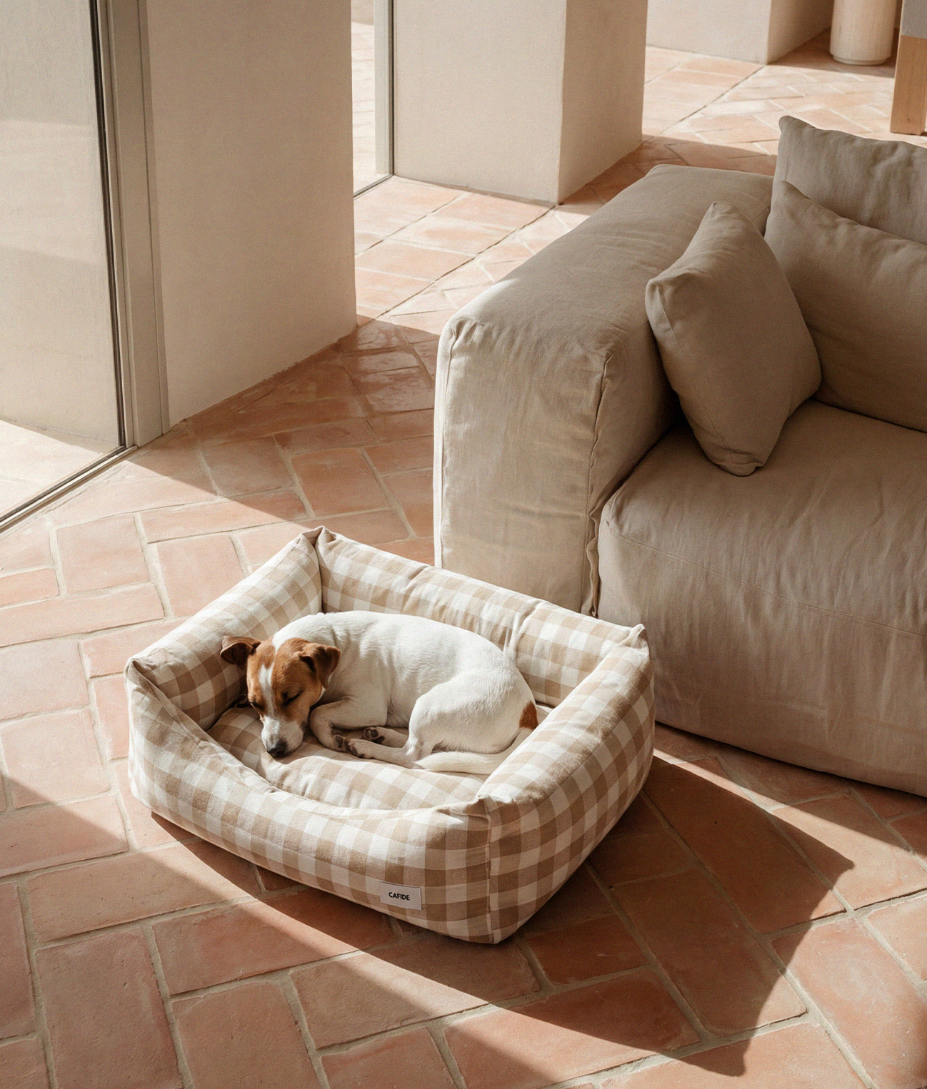 cafide-sleep-snozy-hundebett-vichy-beige-m-waschbar image 2